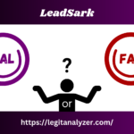 A split thumbnail for LeadSark featuring "Real" inside a purple magnifying glass on the left and "Fake" inside a red magnifying glass on the right. A black figure with a question mark above its head is in the center, representing uncertainty. The Legit Analyzer website link is displayed at the bottom.