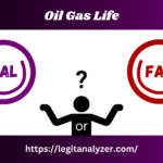 A split thumbnail for Oil Gas Life featuring "Real" inside a purple magnifying glass on the left and "Fake" inside a red magnifying glass on the right. A black figure with a question mark above its head is in the center, representing uncertainty. The Legit Analyzer website link is displayed at the bottom.