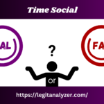 A split thumbnail for Time Social featuring "Real" inside a purple magnifying glass on the left and "Fake" inside a red magnifying glass on the right. A black figure with a question mark above its head is in the center, representing uncertainty. The Legit Analyzer website link is displayed at the bottom.